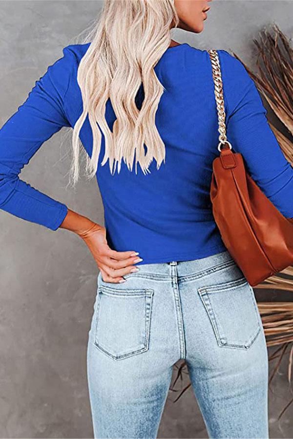 Solid Color Long-sleeved Round Neck Drawstring T-shirt
