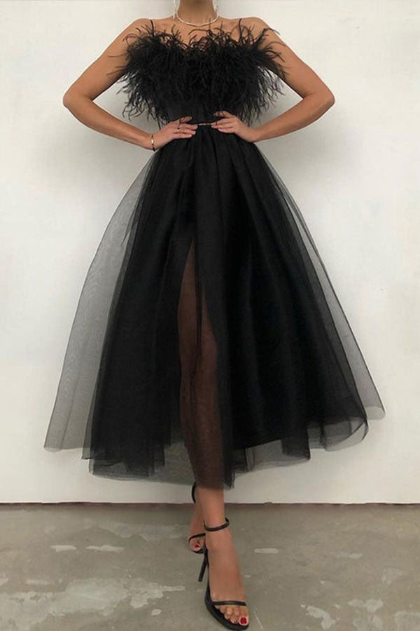 Feather Detail Off Shoulder Sheer Mesh Dress