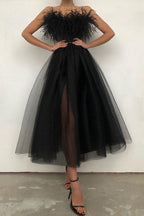 Feather Detail Off Shoulder Sheer Mesh Dress