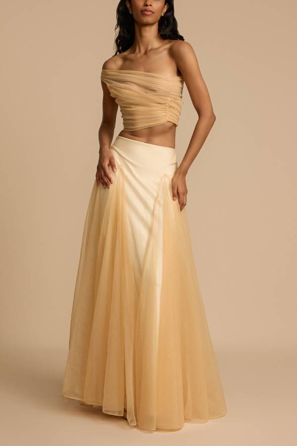 Romance Factor Satin Patchwork Tulle High Rise Elastic Waist A-line Maxi Skirt