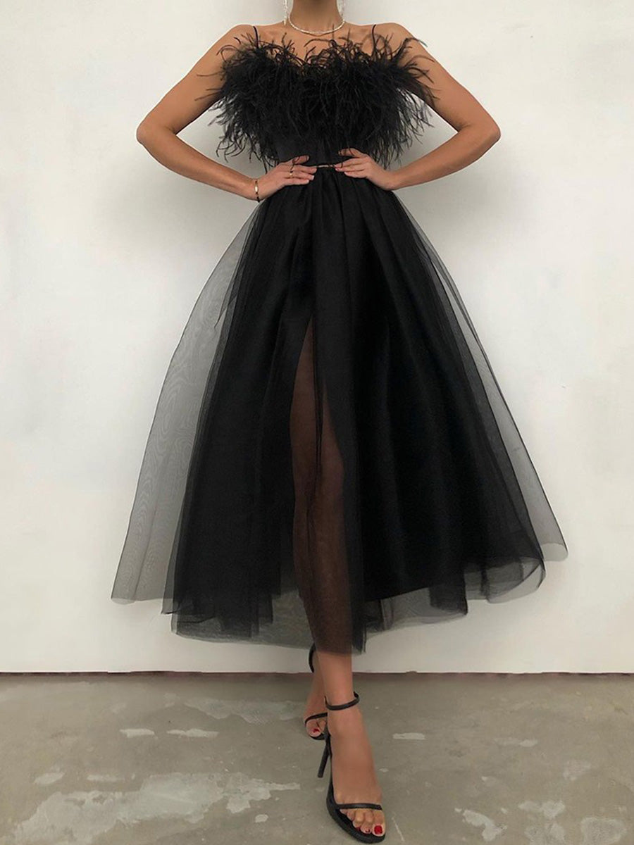 Feather Detail Off Shoulder Sheer Mesh Dress
