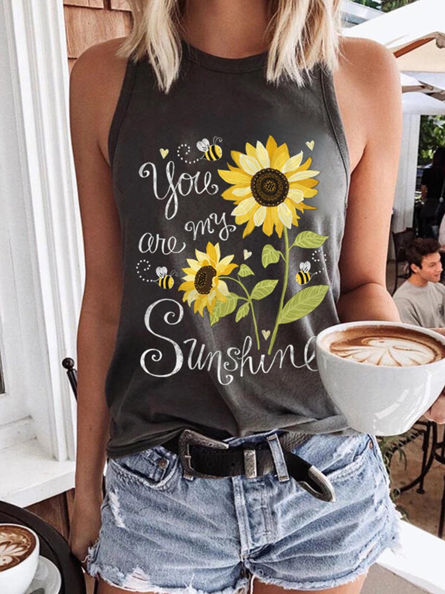 Women's Tank Tops Sunflower Letter Tank Black Causal