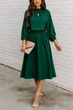Solid Tie Waist Long Sleeve Swing Dress