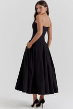 Deep V Neck Strapless Corset A-Line Pleated Midi Dresses-Black