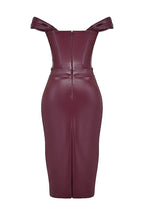 Faux Leather Pleated Neckline Corset Bodycon Cocktail Party Midi Dresses-Burgundy
