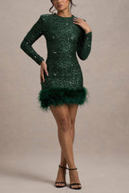 Party Must-have Sequin Long Sleeve Feather Trim Stretch Mini Dress