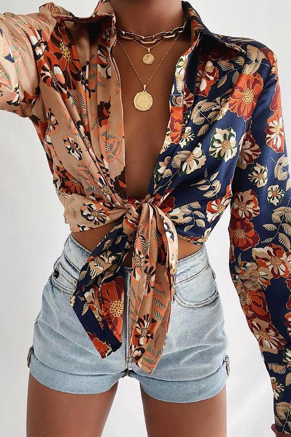 Floral long sleeve women's Lapel button shirt
