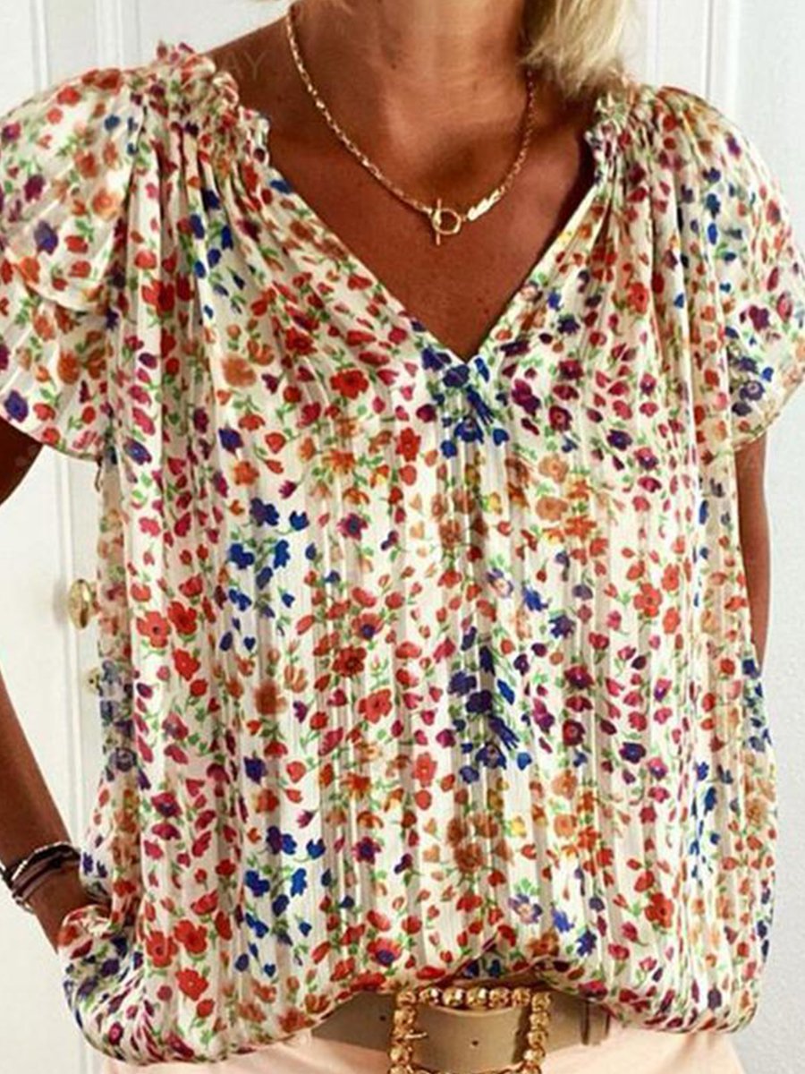 Stylish Floral Print V Neck Shirt