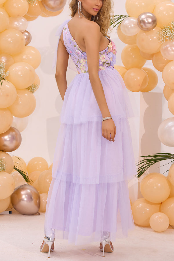 One Shoulder Floral Print Contrast Mesh Prom Dress