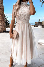 Lace Stitching Mesh Sleeveless Midi Dress