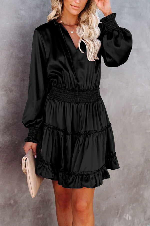 Satin Solid Color Puff Sleeve Dress
