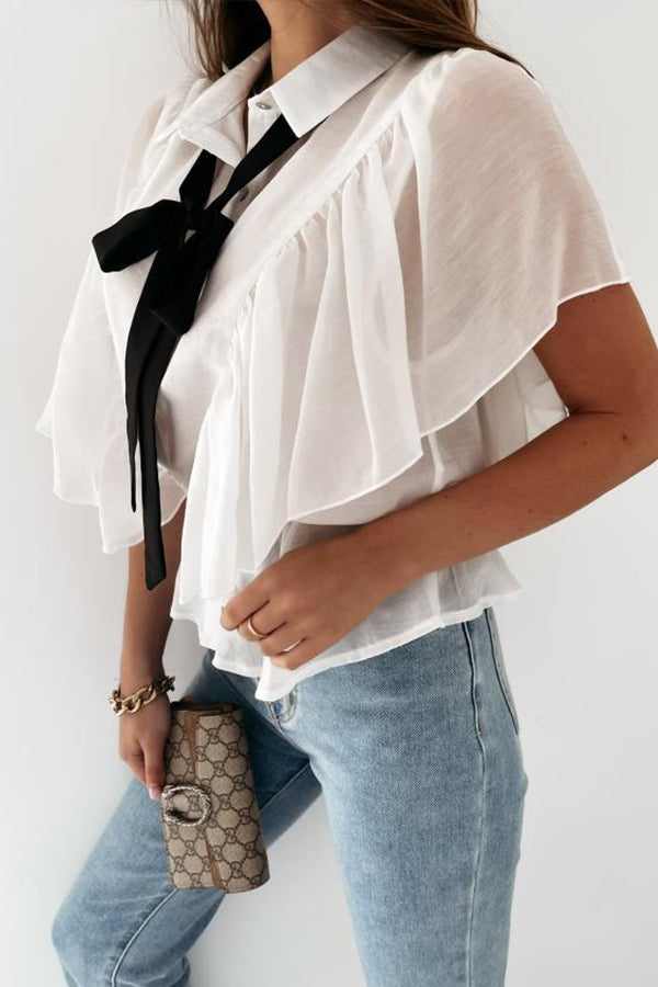 Solid Color Tie Neck Ruffle Trim Blouse