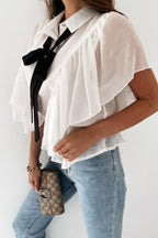 Solid Color Tie Neck Ruffle Trim Blouse