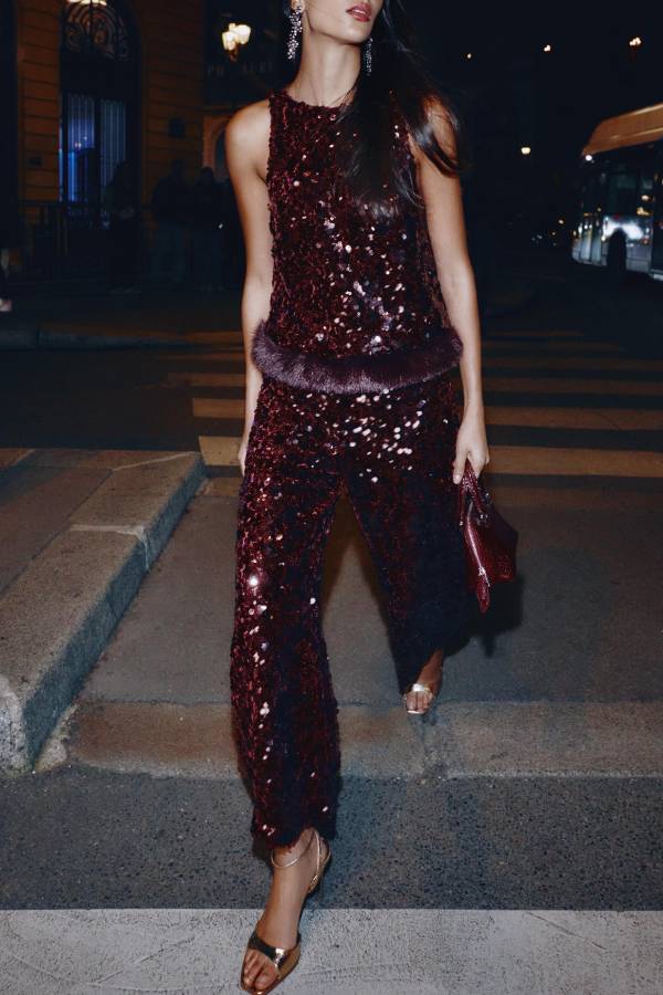 Gala Goddess Sequin High Rise Zipper Waist Wide Leg Pants