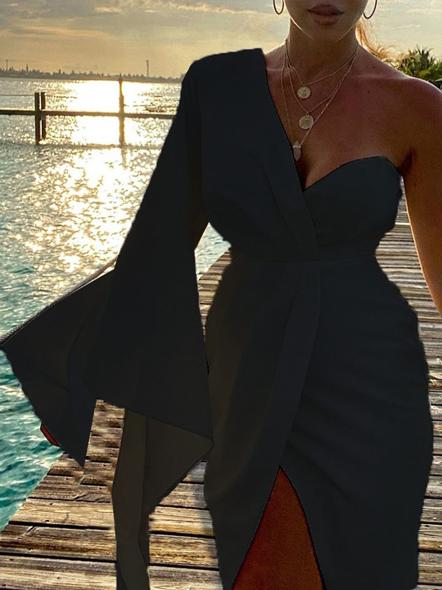One Shoulder Ruched Irregular Sleeve Party Dress