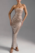 Flash Sculpture Rhinestone Embellished Bandeau Slit Stretch Maxi Dress