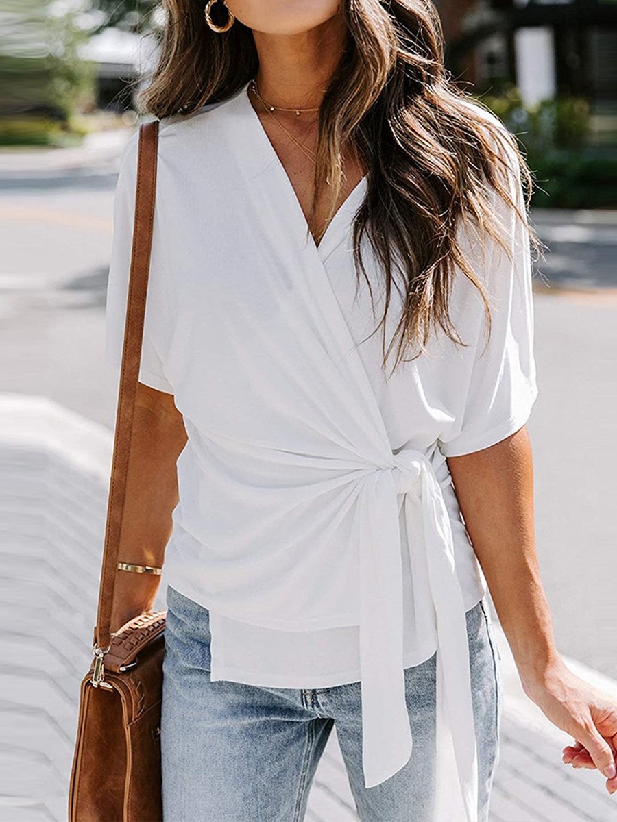 White Short Sleeve Wrap Top