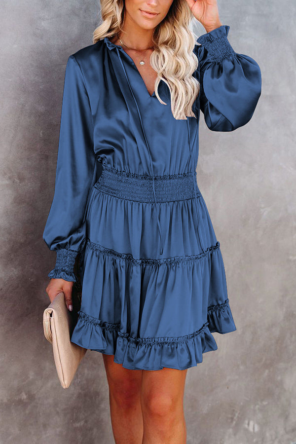 Satin Solid Color Puff Sleeve Dress