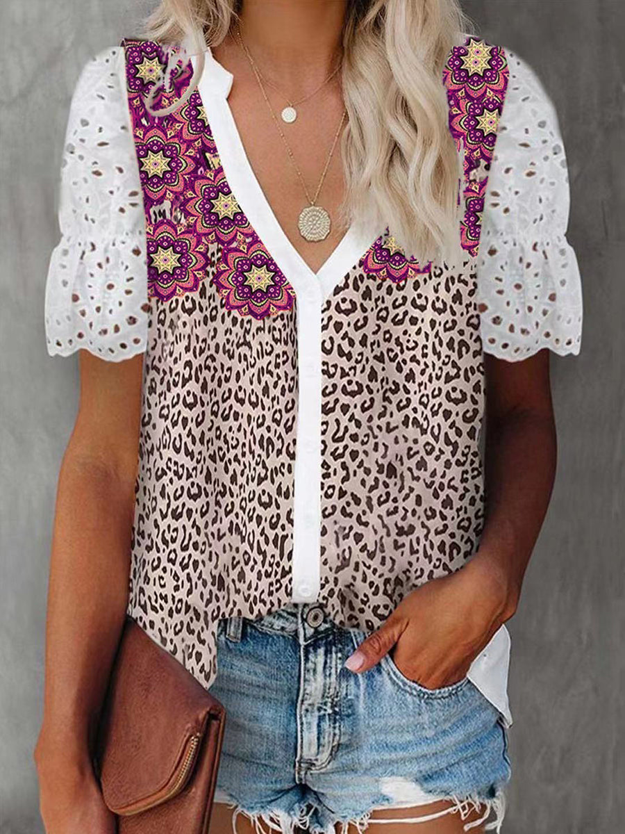 Flower Print Leopard Hollow-out T-shirt