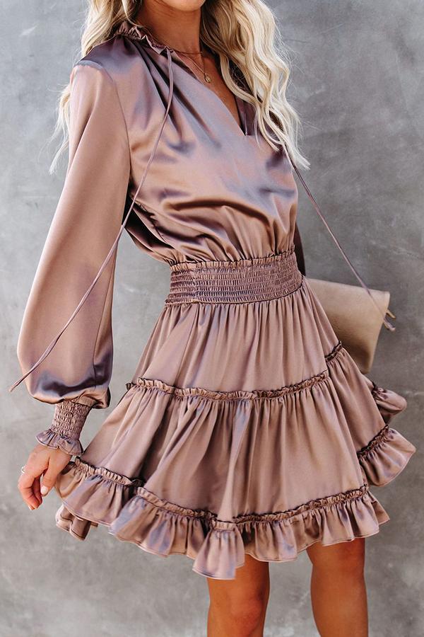 Satin Solid Color Puff Sleeve Dress