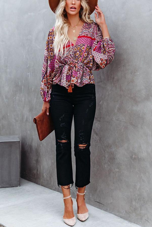 Patchwork Printed Drawstring Blouse