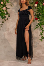 Women's Mesh Embellished Sequin Detail Square Neck Slit Dress