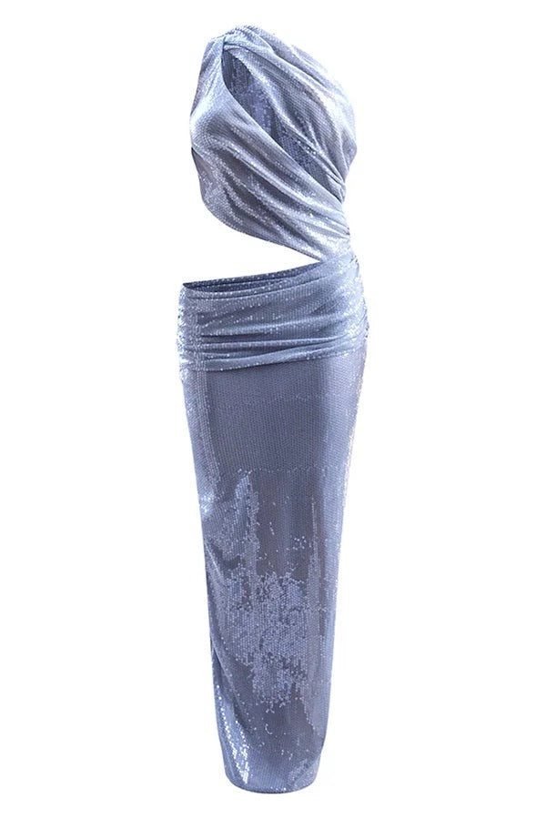 Only Yours Sequin One Shoulder Cutout Asymmetrical Plunge Stretch Maxi Dress