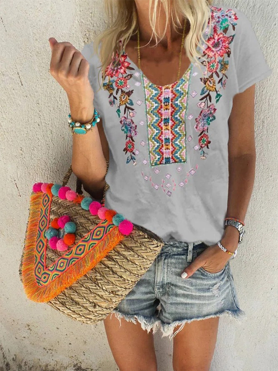 Flower Print U Collar T-shirt