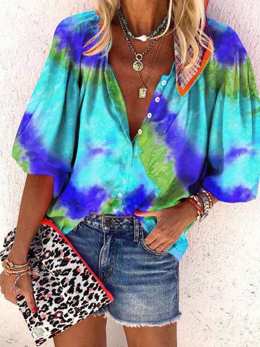 Tie-dye Printed Long Sleeve V-neck button Blouse