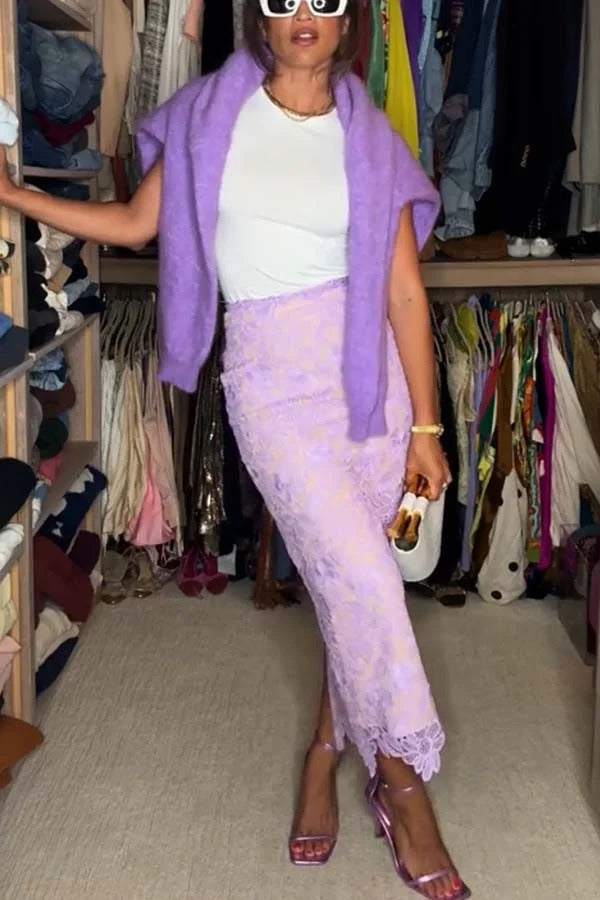 Warm Afternoon Floral Lace High Rise Slit Midi Pencil Skirt