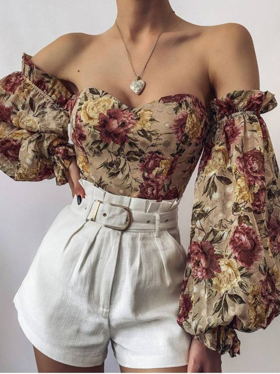Fashion Printed Lantern Sleeve Chiffon Shirt