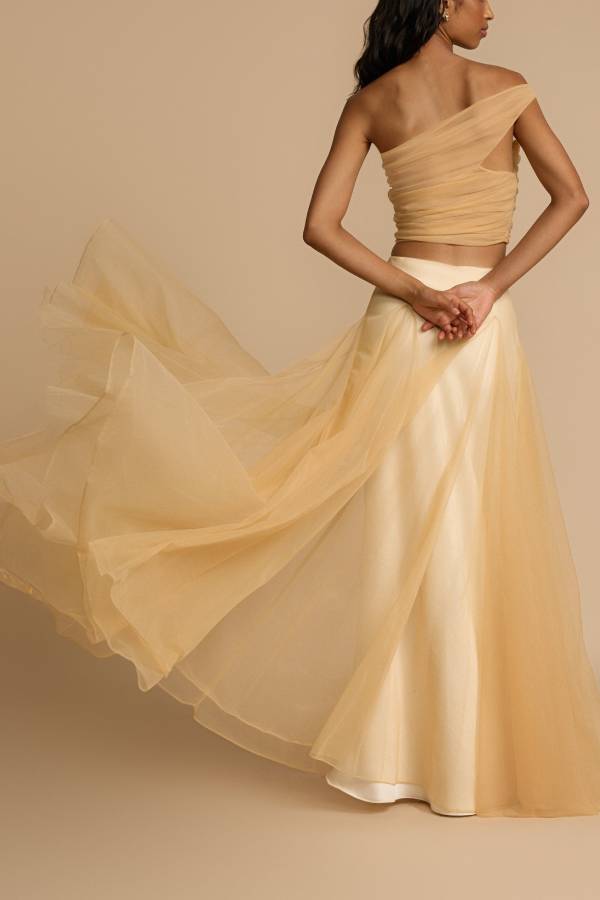 Romance Factor Satin Patchwork Tulle High Rise Elastic Waist A-line Maxi Skirt