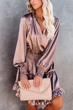 Satin Solid Color Puff Sleeve Dress