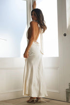 Deep V Neck Halter Open Back White Bridesmaid Maxi Dress