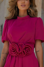 Sweet Surprise Puff Sleeve Rose Ruffles Detail Waist Backless Mini Dress