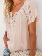 V-neck Short Sleeve Lace Hollow-out Blouse