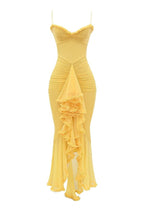Retro Romantic Style Mesh Ruffle Trim Ruched Slit High Low Maxi Dress
