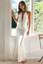 Deep V Neck Halter Open Back White Bridesmaid Maxi Dress