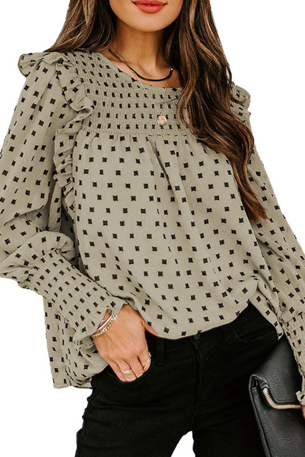 Polka dot chiffon shirt with ruffled lantern sleeves