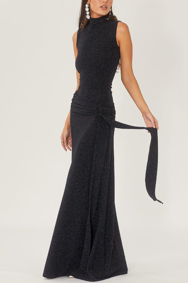 Slim High-neck Spliced Ribbon Shiny Maxi Dress