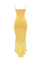 Retro Romantic Style Mesh Ruffle Trim Ruched Slit High Low Maxi Dress
