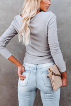 Solid Color Long-sleeved Round Neck Drawstring T-shirt