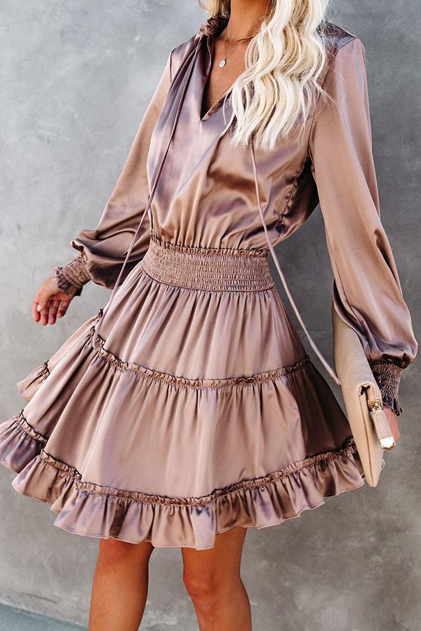 Satin Solid Color Puff Sleeve Dress