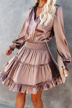 Satin Solid Color Puff Sleeve Dress