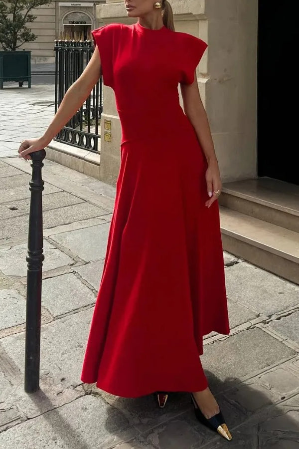 City Language High Neck Wide Short Sleeve Pocketed Slit Maxi Dress