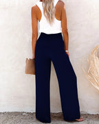 LINEN BLEND HIGH RISE SMOCKED PANTS