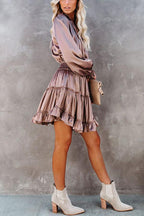 Satin Solid Color Puff Sleeve Dress
