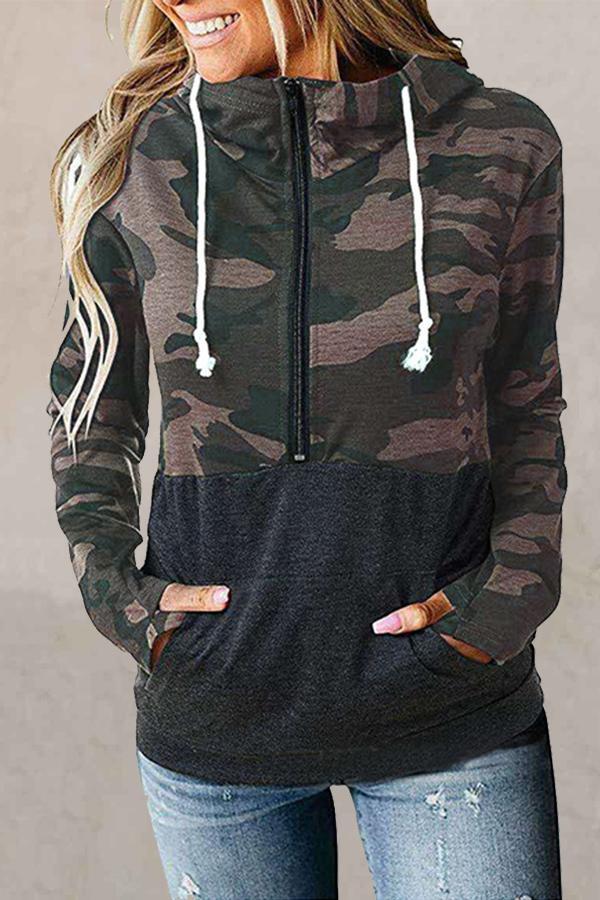 Patchwork Mandarin Collar Hooded Sweatshirt