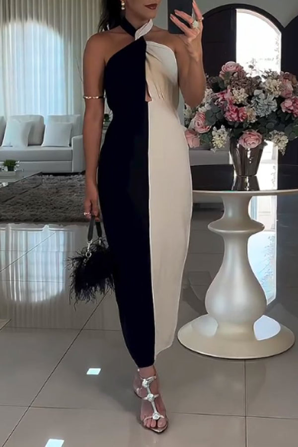 Casual Lace-up Colorblock Dress