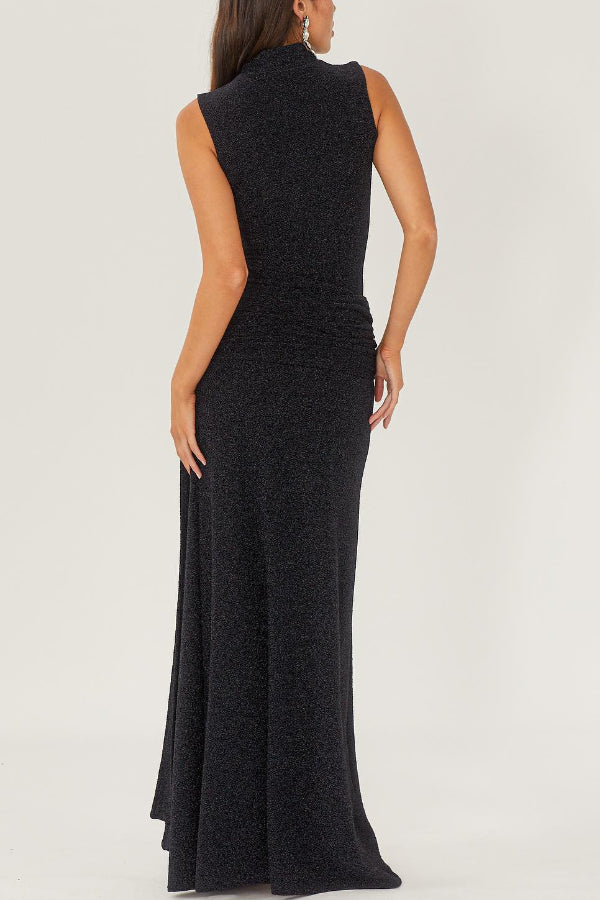 Slim High-neck Spliced Ribbon Shiny Maxi Dress